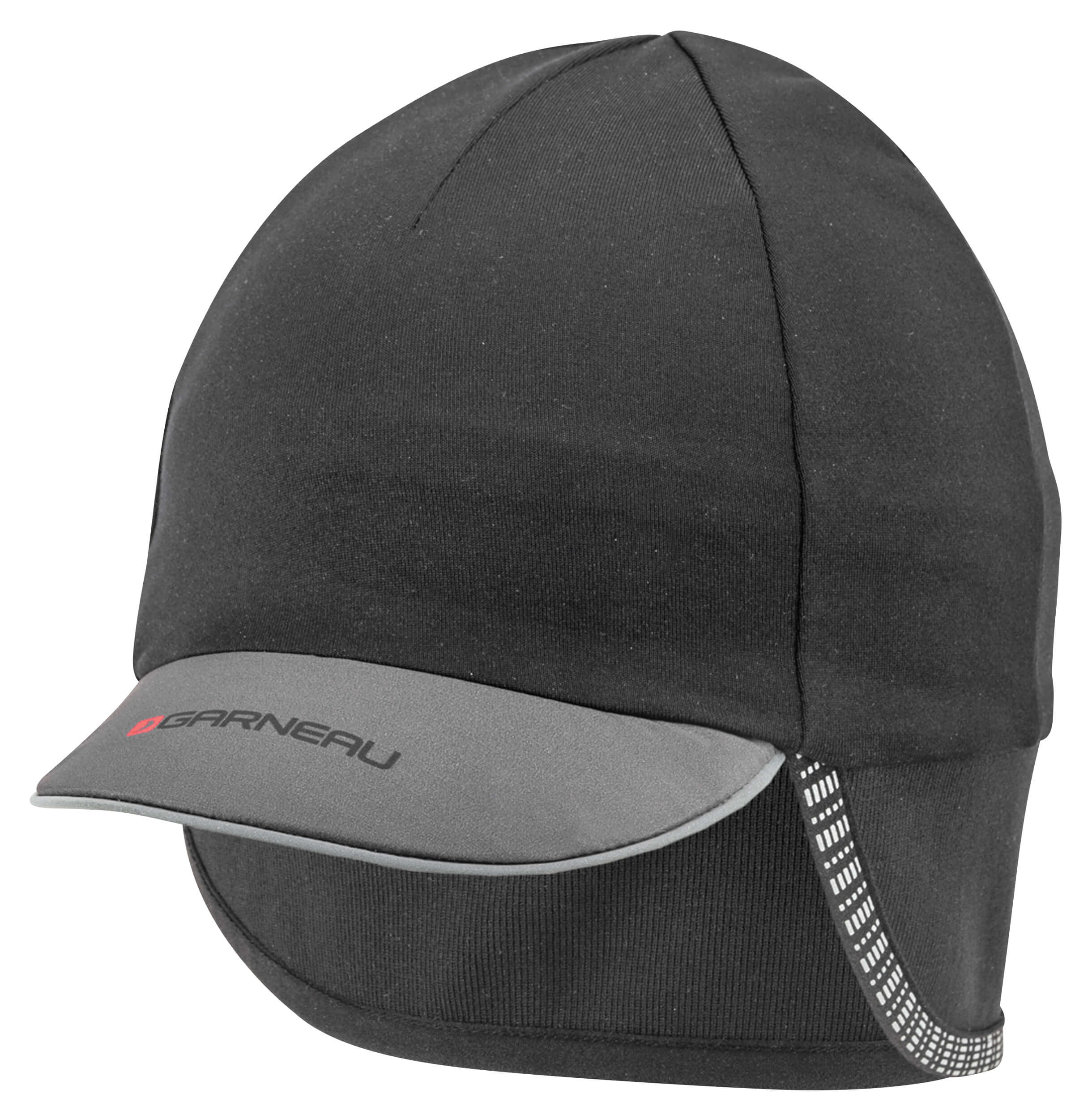 A black winter cap with reflective trim and a gray visor, featuring the brand name 'Louis Garneau' on the front.