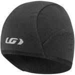 A black winter skull cap with a reflective logo and perforations for ventilation.