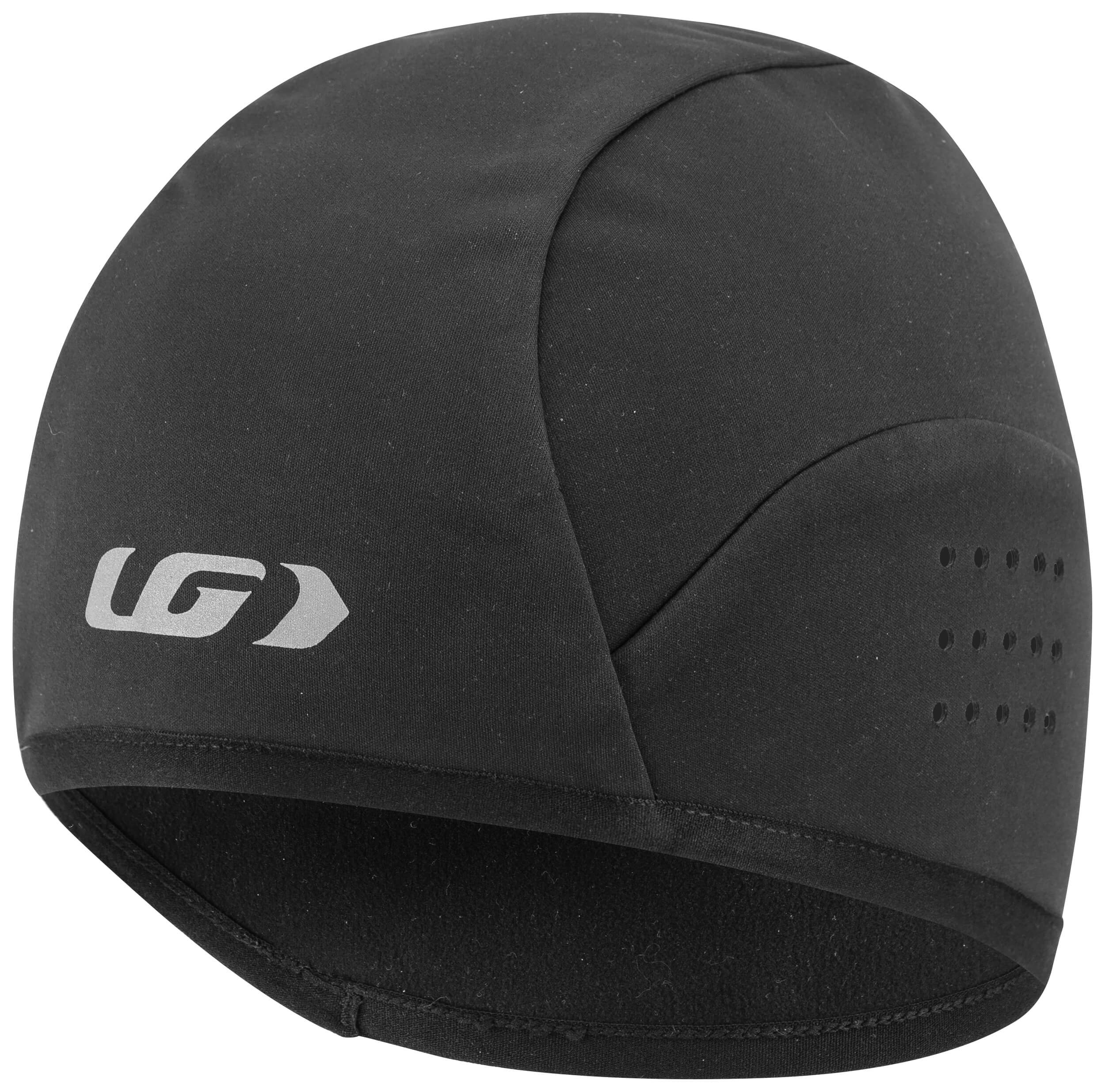 A black winter skull cap with a reflective logo and perforations for ventilation.