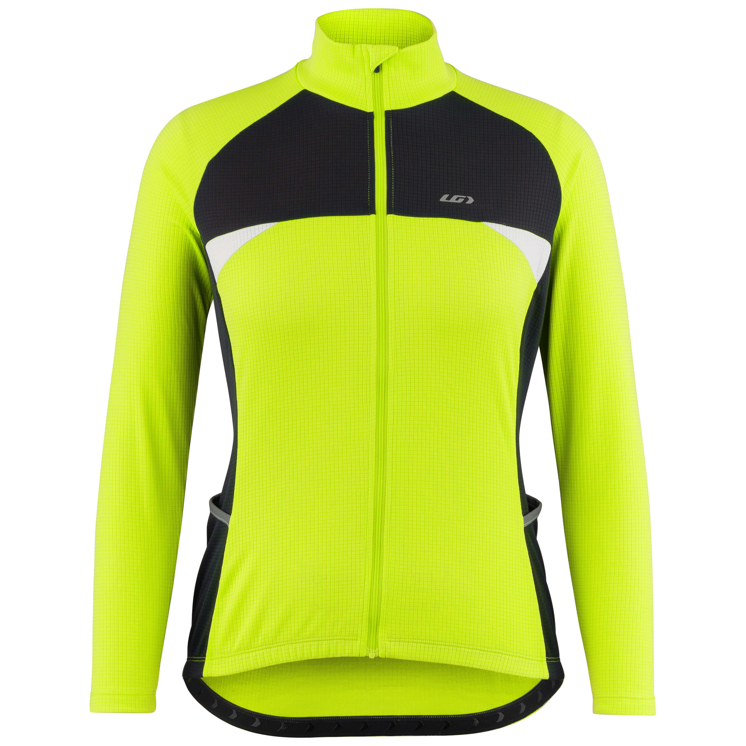 A women's cycling jersey in bright yellow with black and white accents. It features long sleeves, a front zipper, and additional safety pockets.