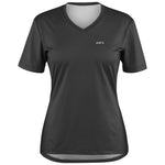 A black women's T-shirt with a V-neck and reflective accents, designed for cycling.