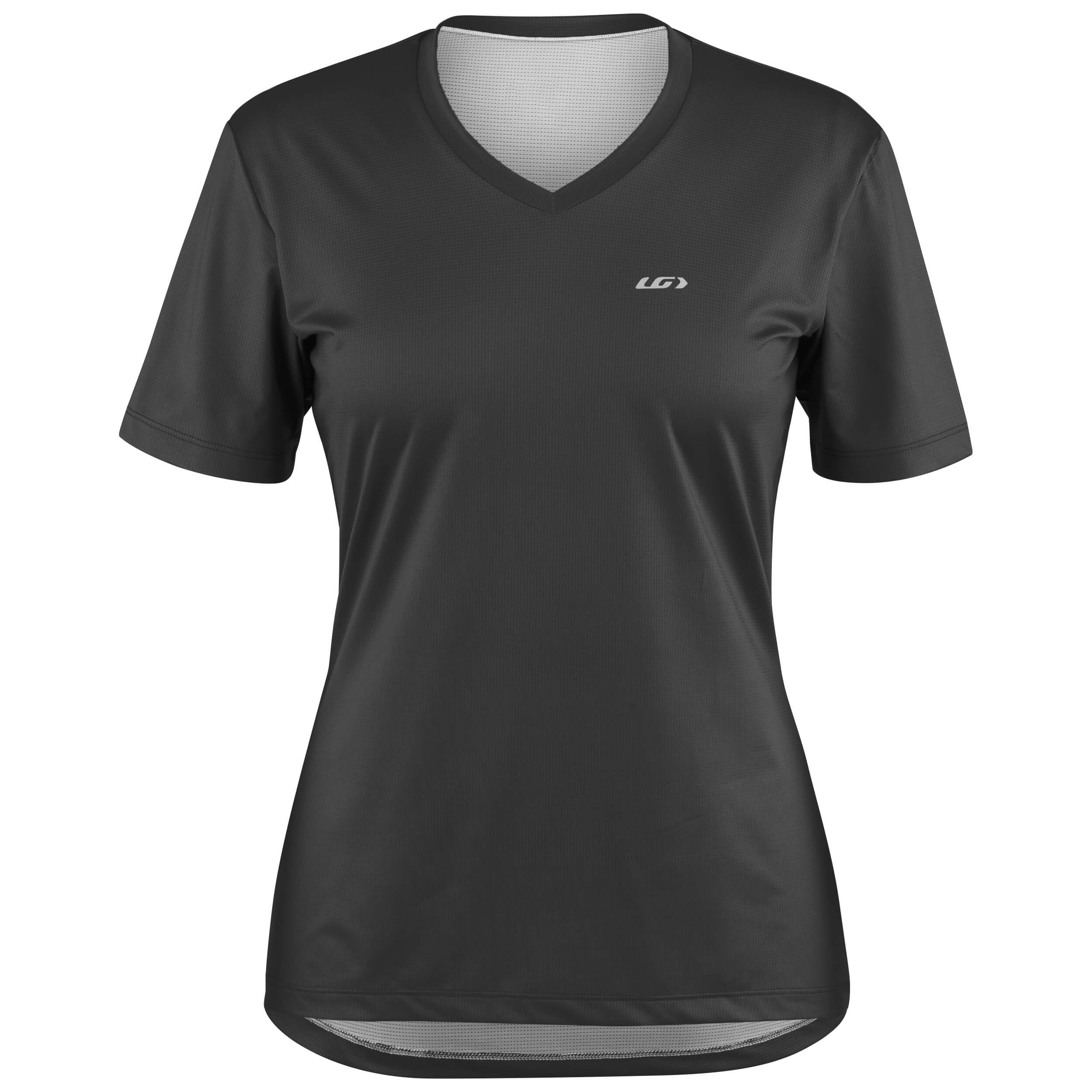 A black women's T-shirt with a V-neck and reflective accents, designed for cycling.