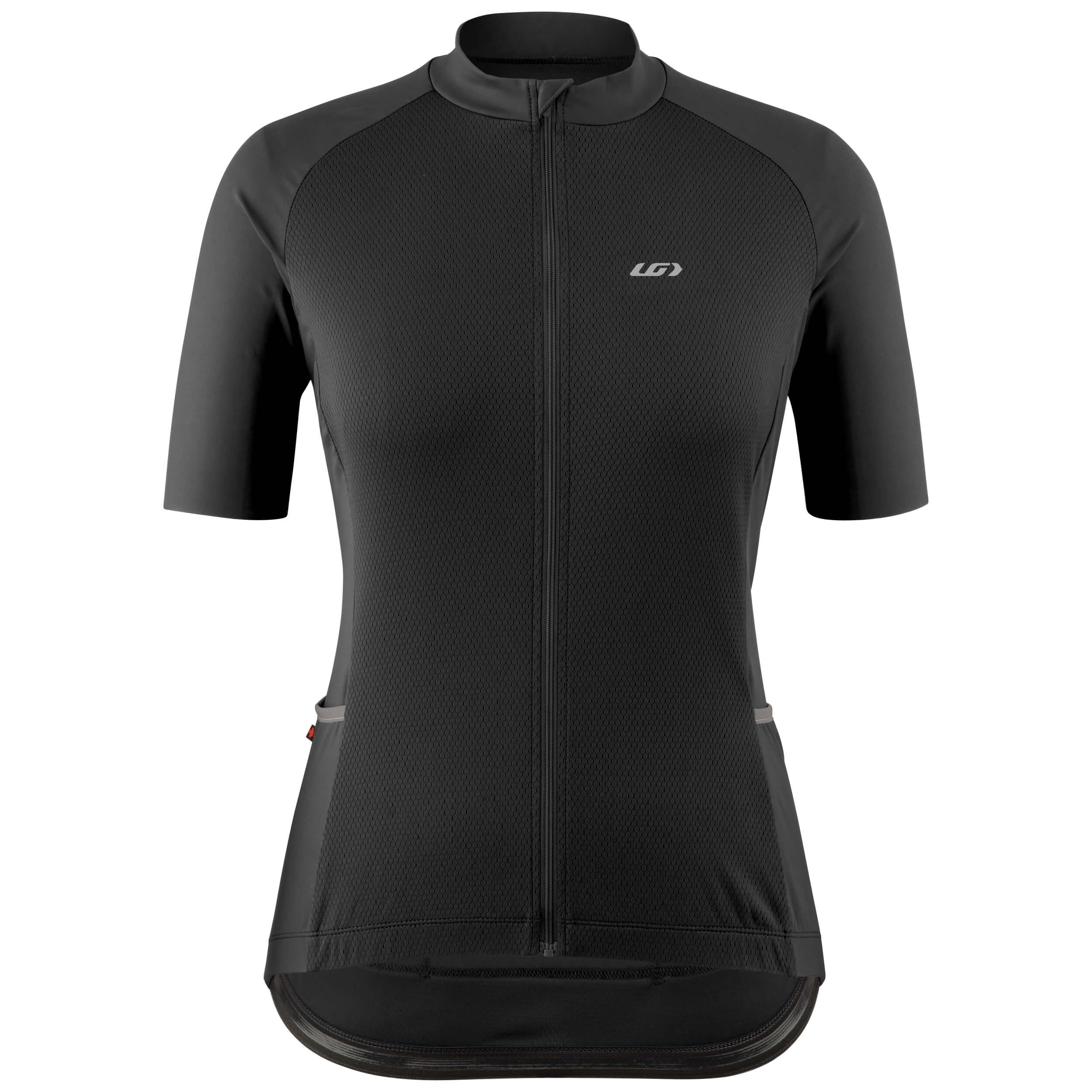 A black women's Beeze 4 jersey with short sleeves, a front zipper, and reflective accents designed for road cycling.