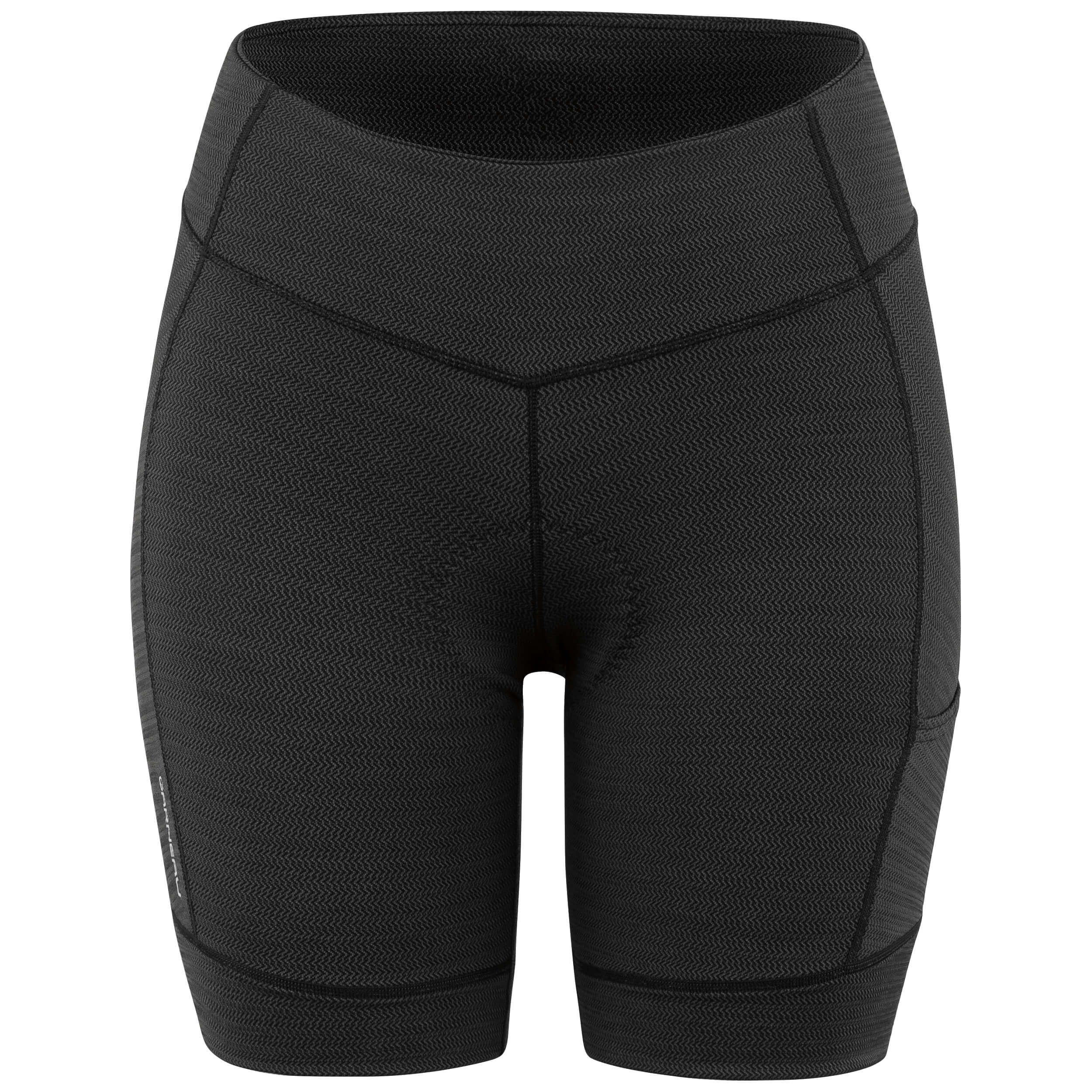 A pair of women's black shorts designed for cycling, featuring a textured surface and built-in compression support.
