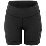 A pair of women's shorts with a textured black fabric, featuring a high waist and a snug fit.