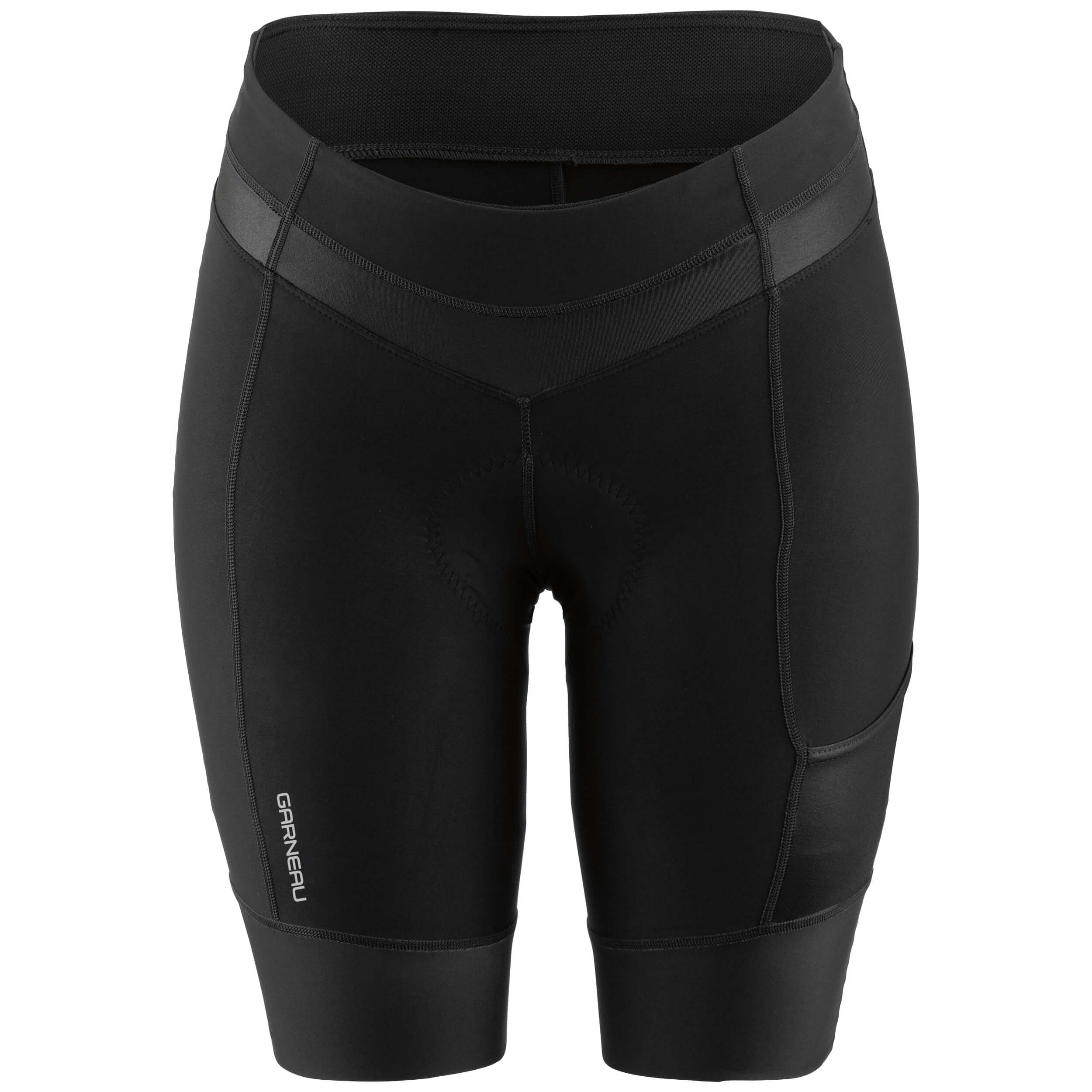 Black cycling shorts with a visible brand logo on a white background
