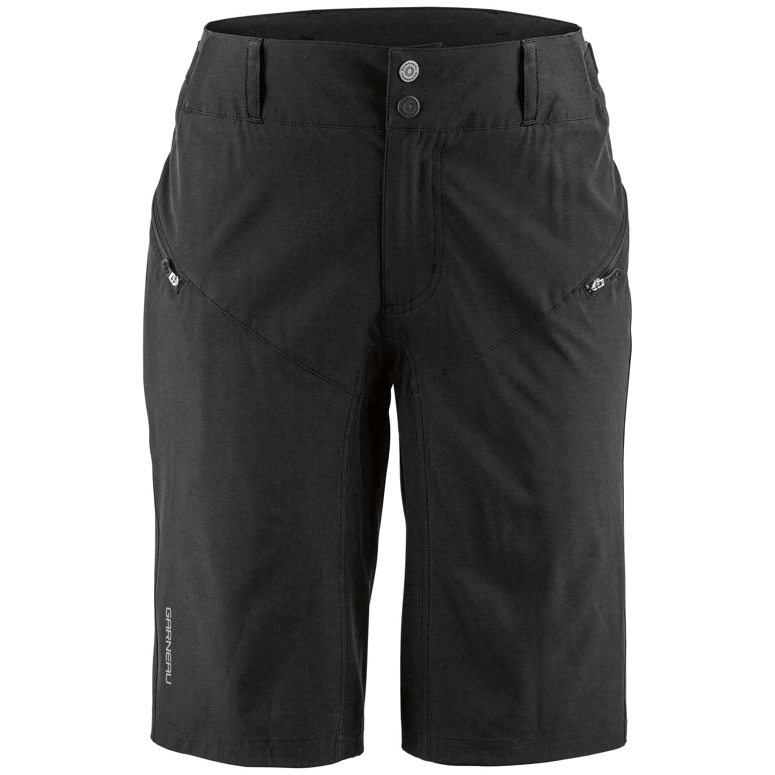 A pair of women's black cycling shorts with pockets and a waistband.
