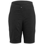 A pair of black women's cycling shorts with a waistband and a small logo on the top-left corner.