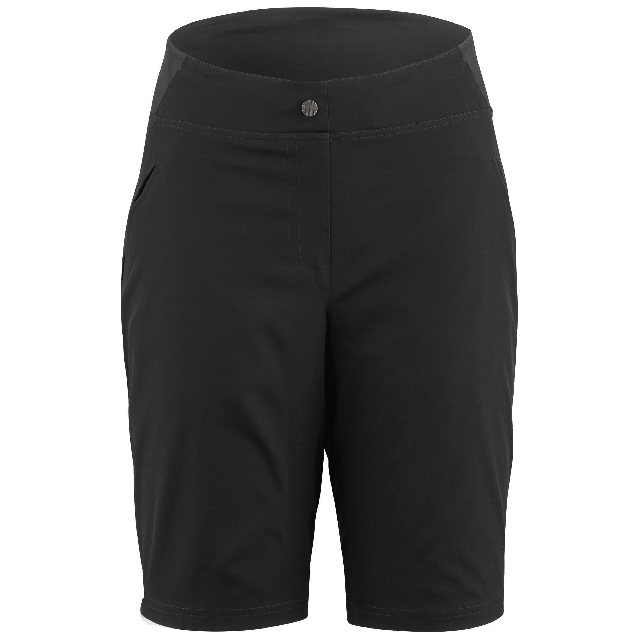 A pair of black women's cycling shorts with a waistband and a small logo on the top-left corner.