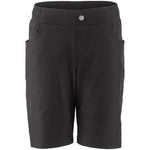 A pair of black junior shorts with pockets and a elastic waistband.