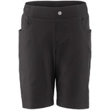 A pair of black junior shorts with pockets and a elastic waistband.
