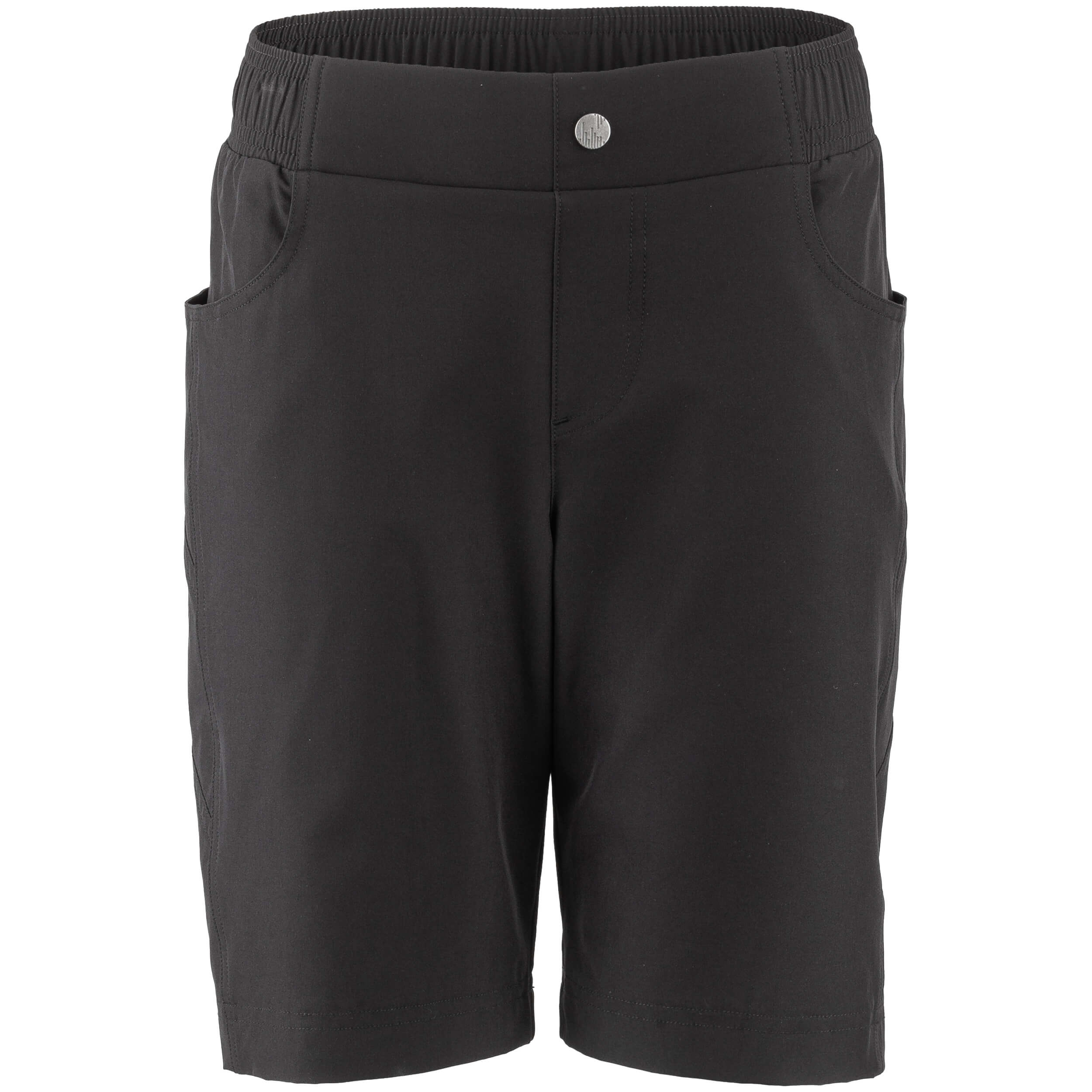 A pair of black junior shorts with pockets and a elastic waistband.