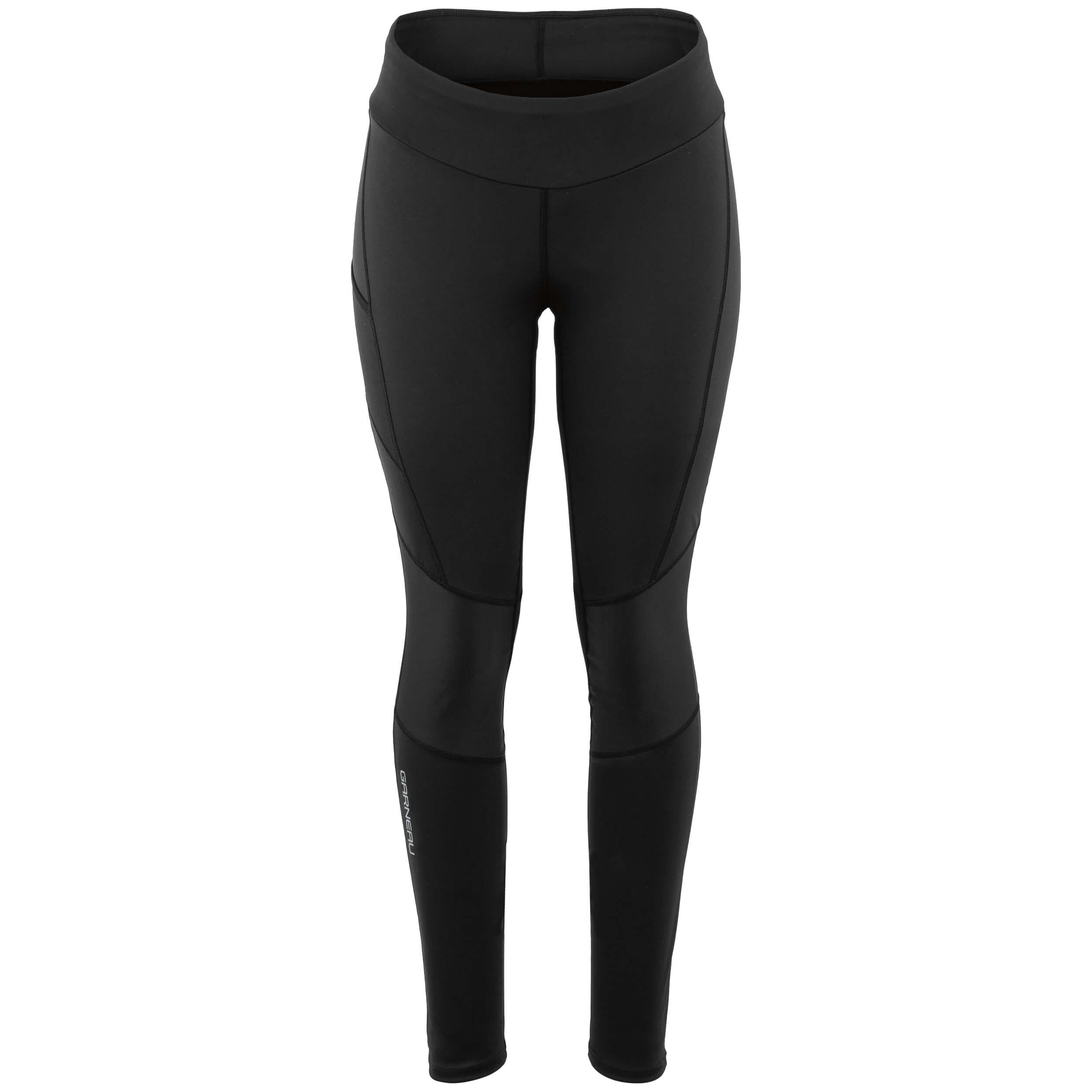 A pair of women's black tights designed for cycling, featuring a high waist and thigh pockets.