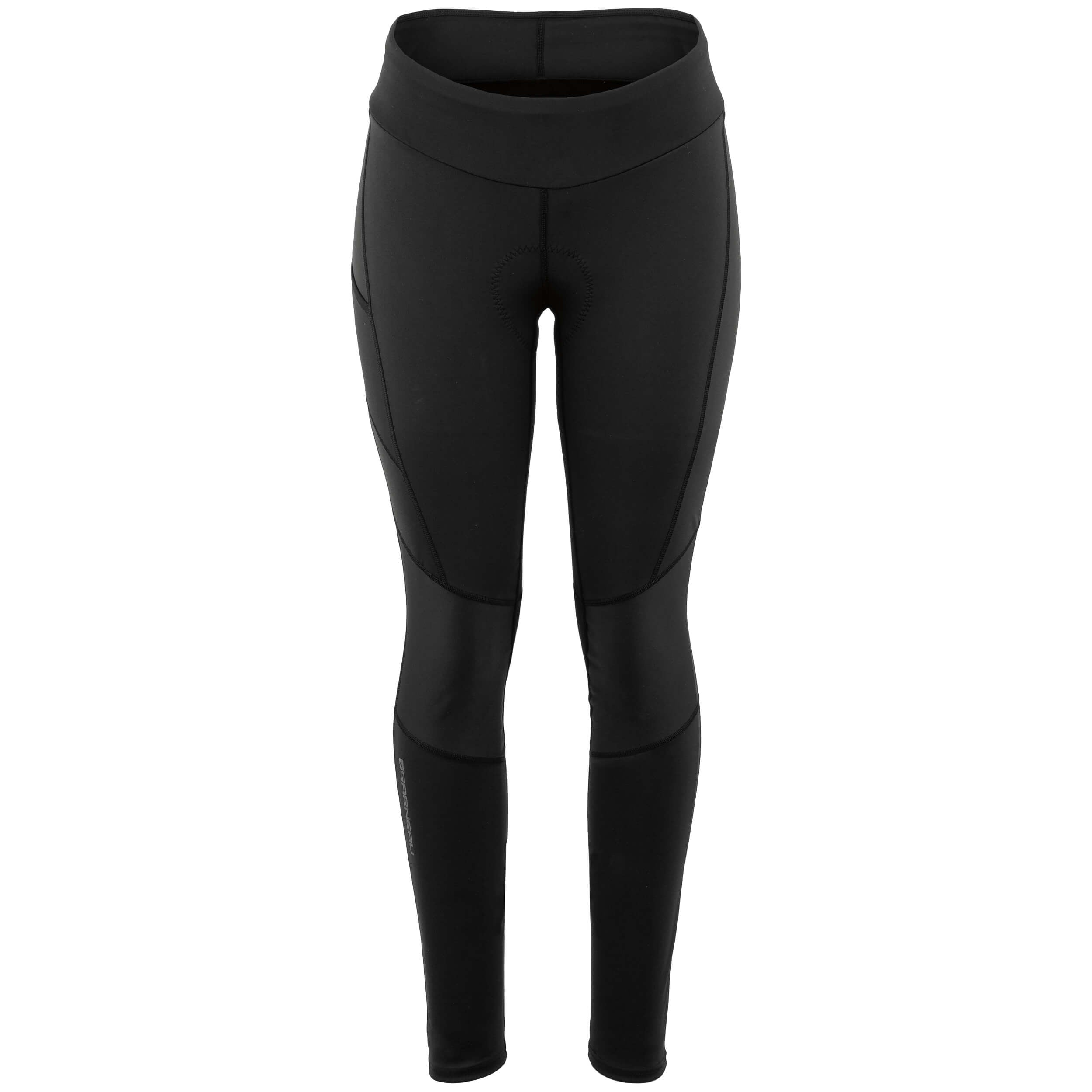 A pair of women's black cycling tights with a high waist and drawstring, featuring a chamois pad for comfort.