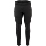 A pair of black cycling tights with a high waist and drawstring, featuring a chamois padding area on the seat and reflective elements on the lower legs.