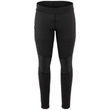 A pair of black cycling tights with a high waist and drawstring, featuring a chamois padding area on the seat and reflective elements on the lower legs.