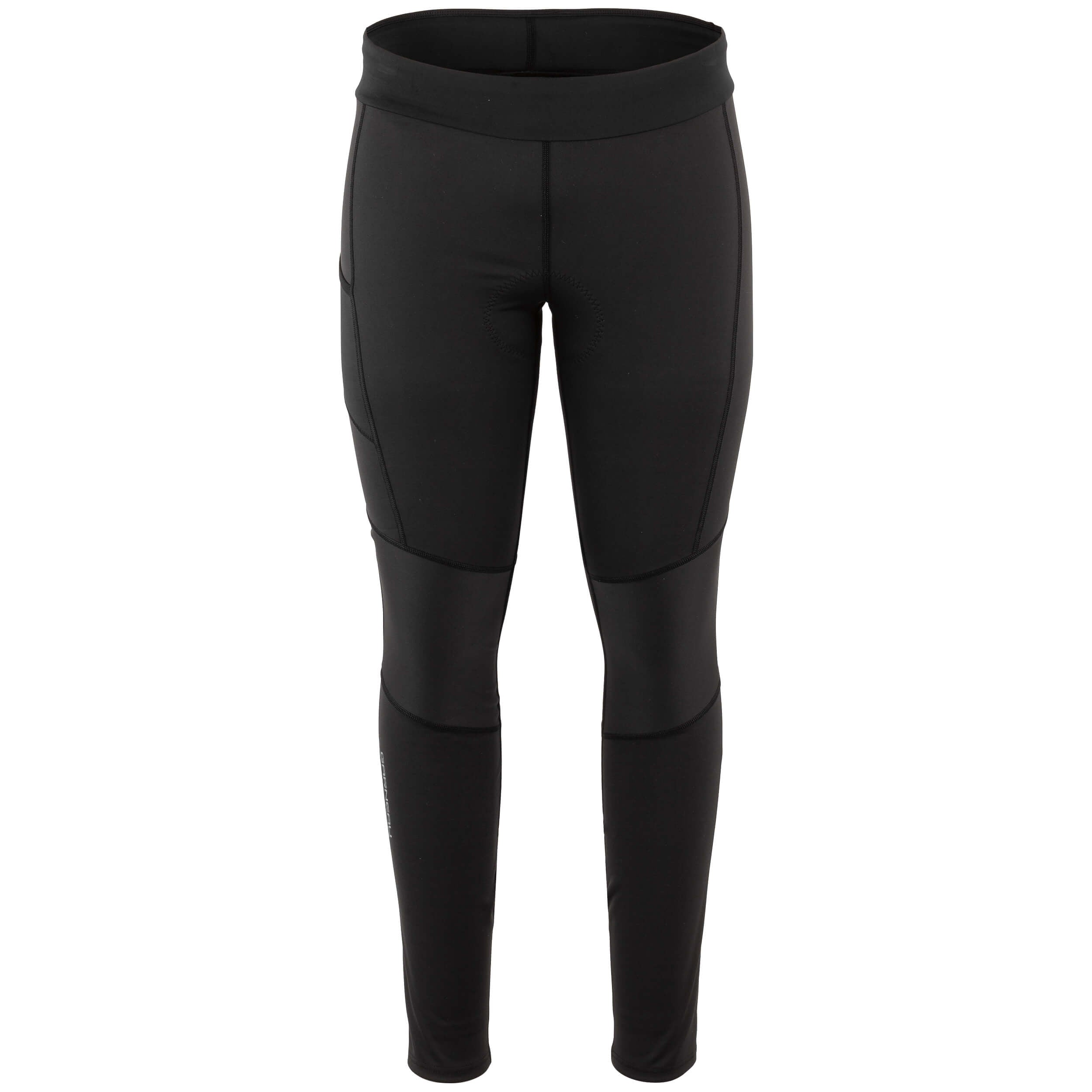 A pair of black cycling tights with a high waist and drawstring, featuring a chamois padding area on the seat and reflective elements on the lower legs.
