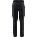 A pair of black softshell pants designed for outdoor activities, featuring a high waist, reflective accents, and ankle zippers.