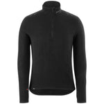 A black long-sleeved thermal zip top base layer designed for outdoor activities, with thumbholes and a round neckline.