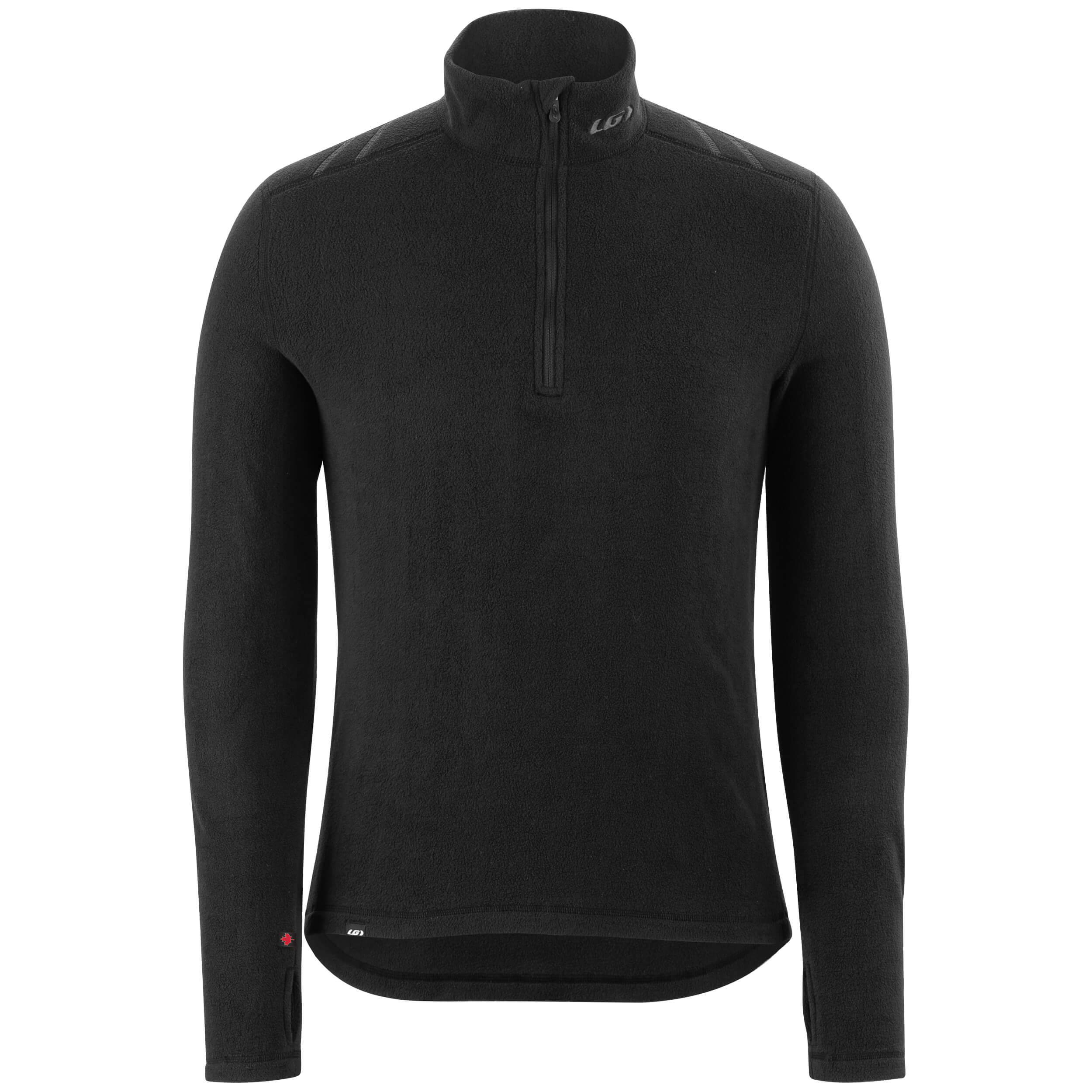 A black long-sleeved thermal zip top base layer designed for outdoor activities, with thumbholes and a round neckline.