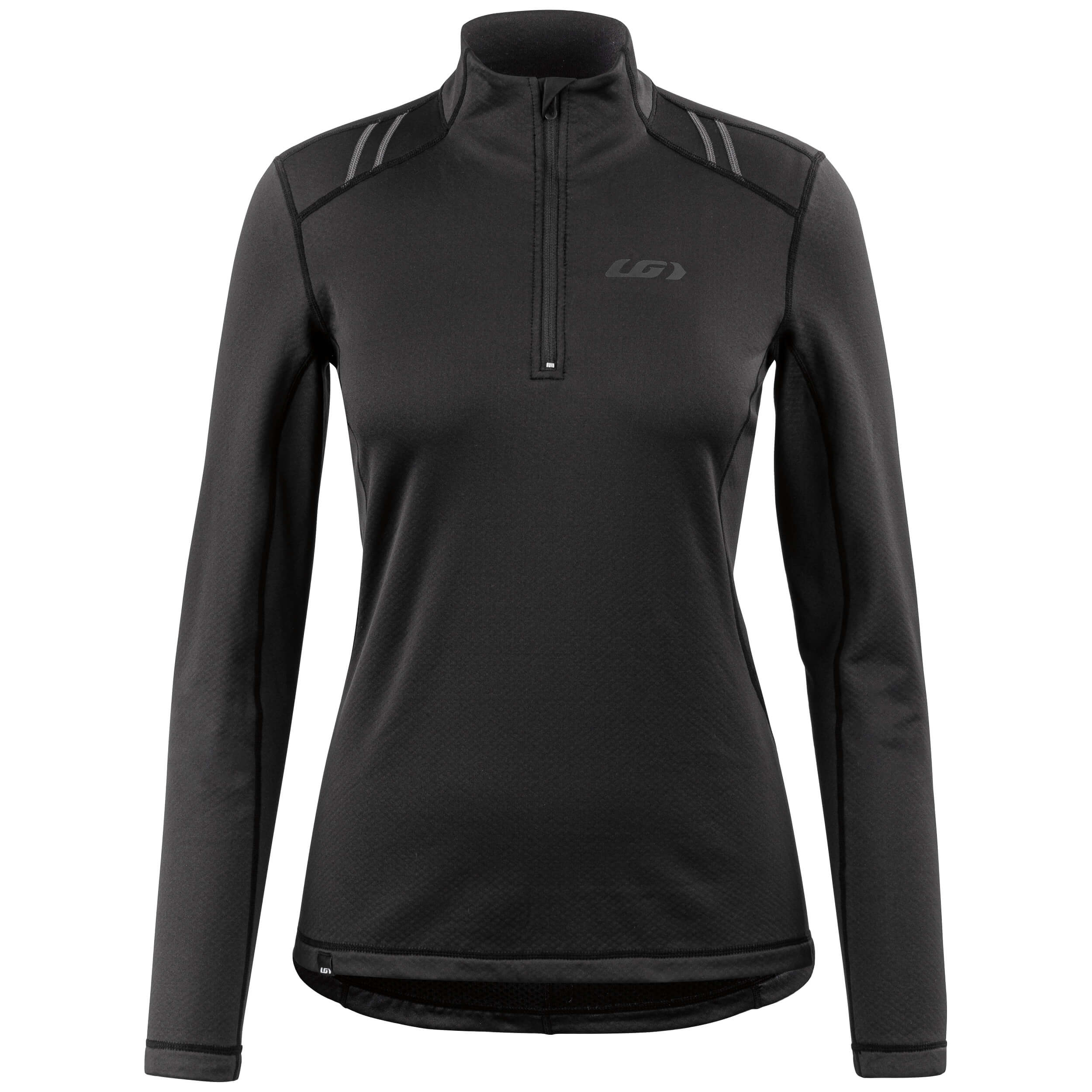 A black long-sleeved women's baselayer top with a zip neck and reflective details.