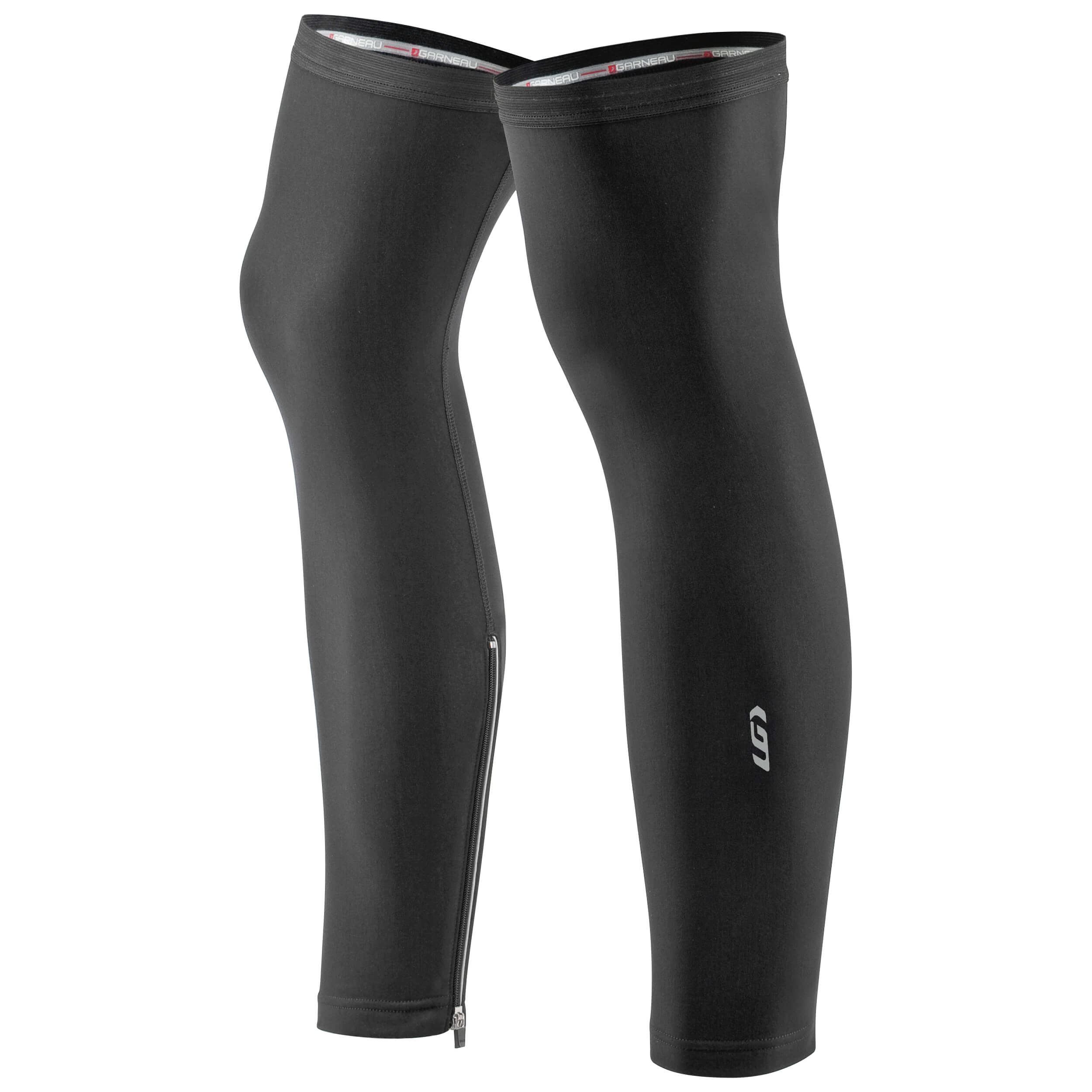 A pair of black Louis Garneau zip-leg warmers with reflective piping on the ankles.