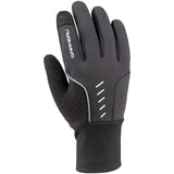 A black women's glove featuring reflective elements and a branded cuff.