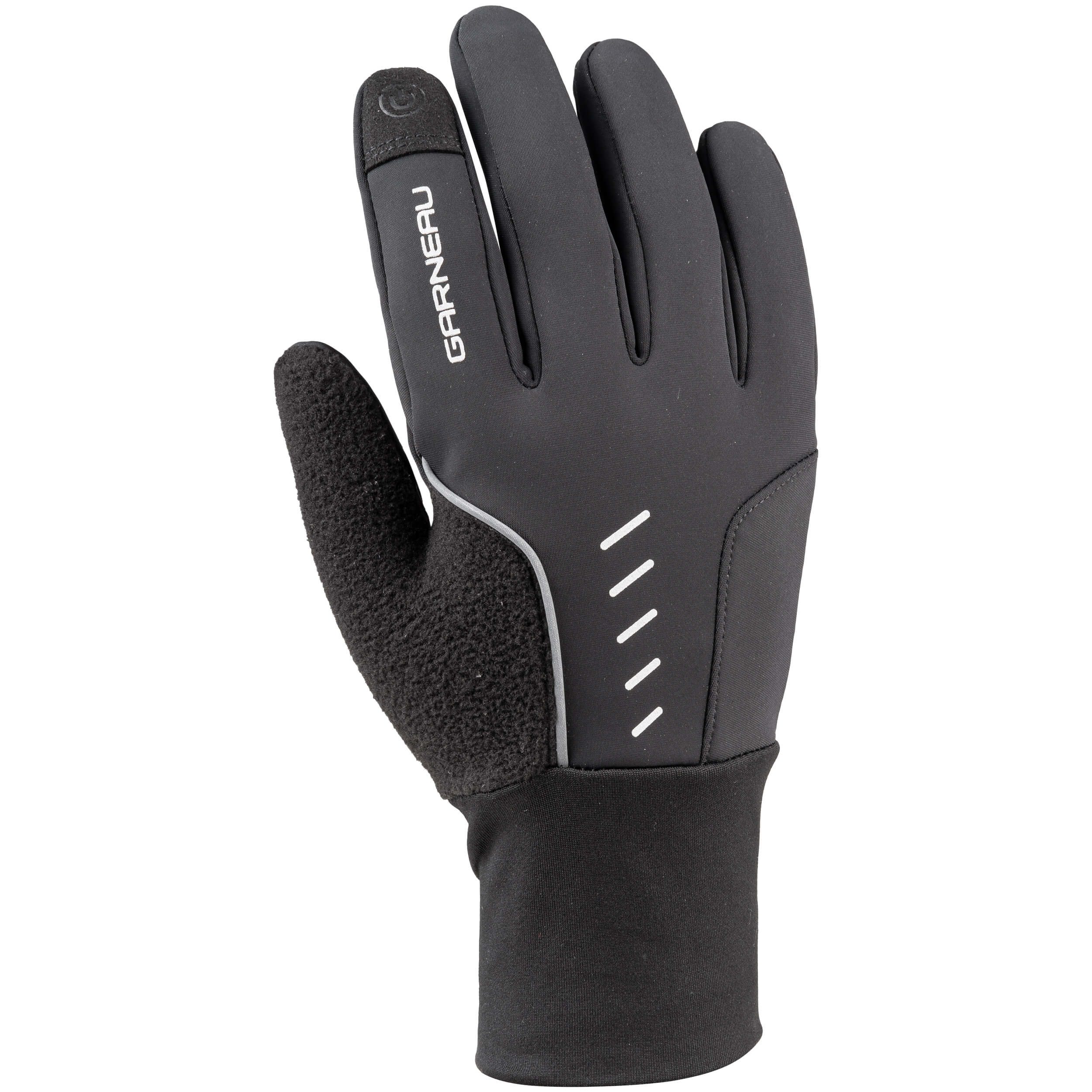 A black women's glove featuring reflective elements and a branded cuff.