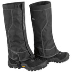 A pair of black Robson MT3 gaiters fitted over boots, designed for outdoor use with adjustable straps and flexible piping along the bottom.