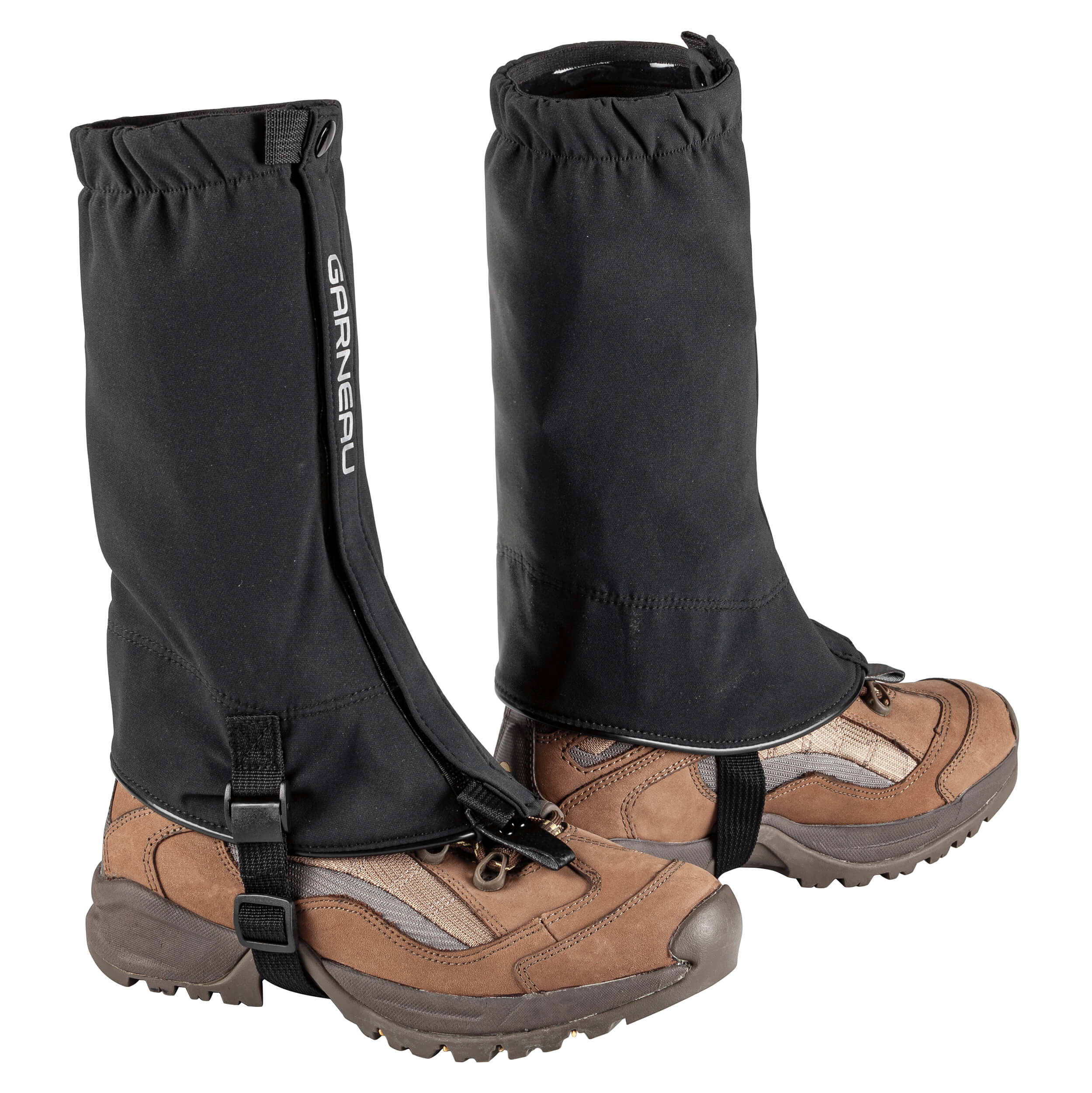 A pair of black HK-2001 gaiters over brown boots, designed for cross-country skiing and walking.