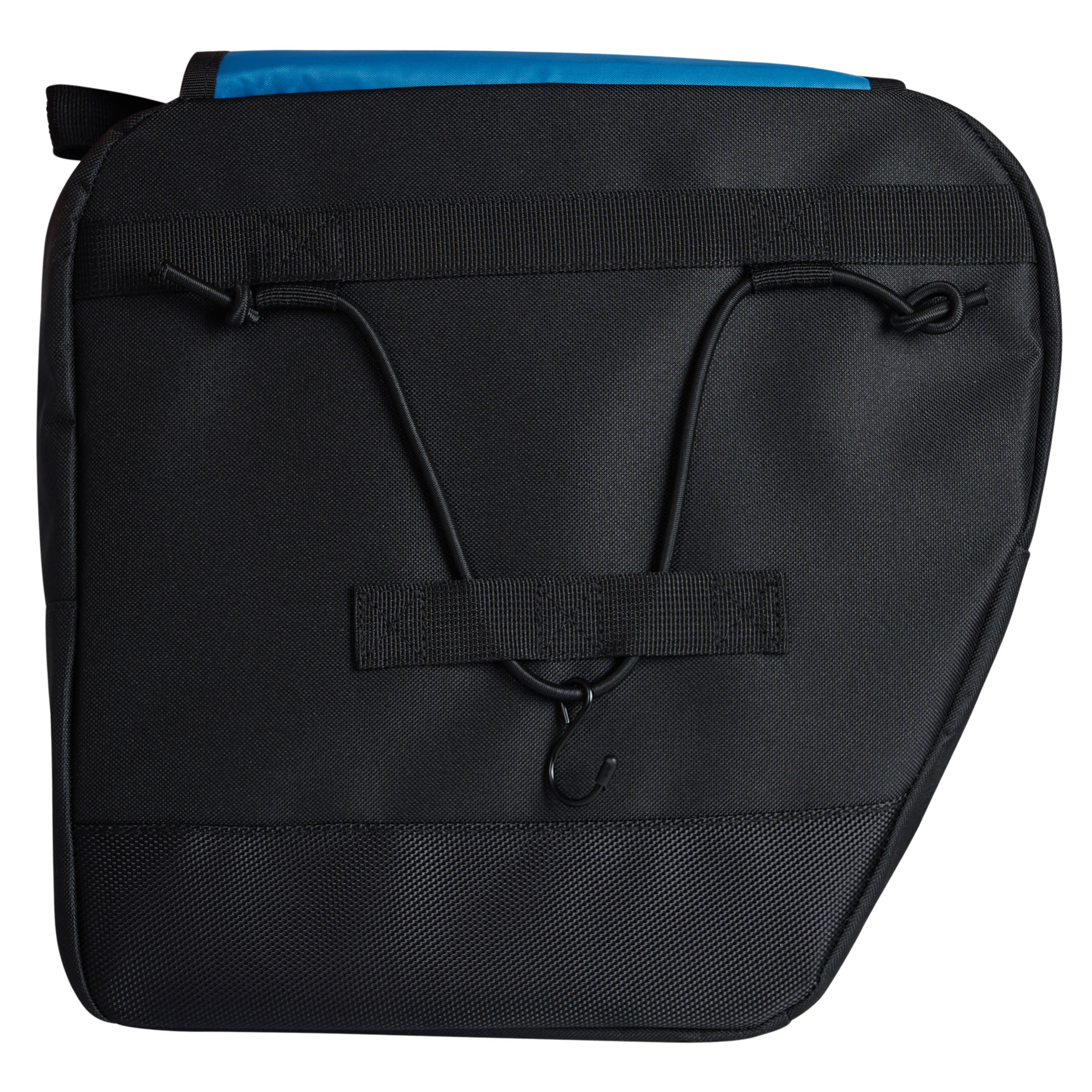 Black backpack with blue top section on a white background