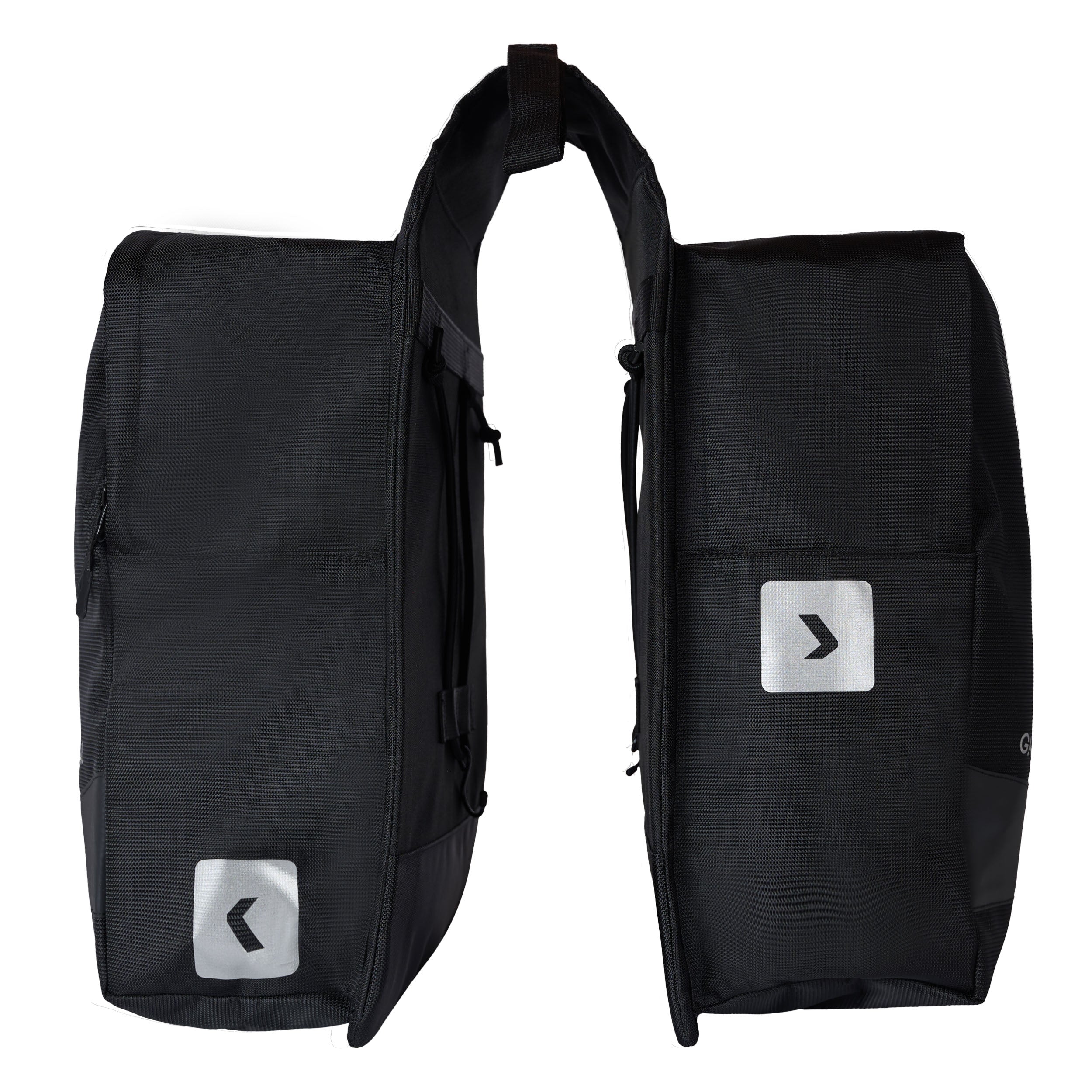 Black backpack with visible brand logo on a white background