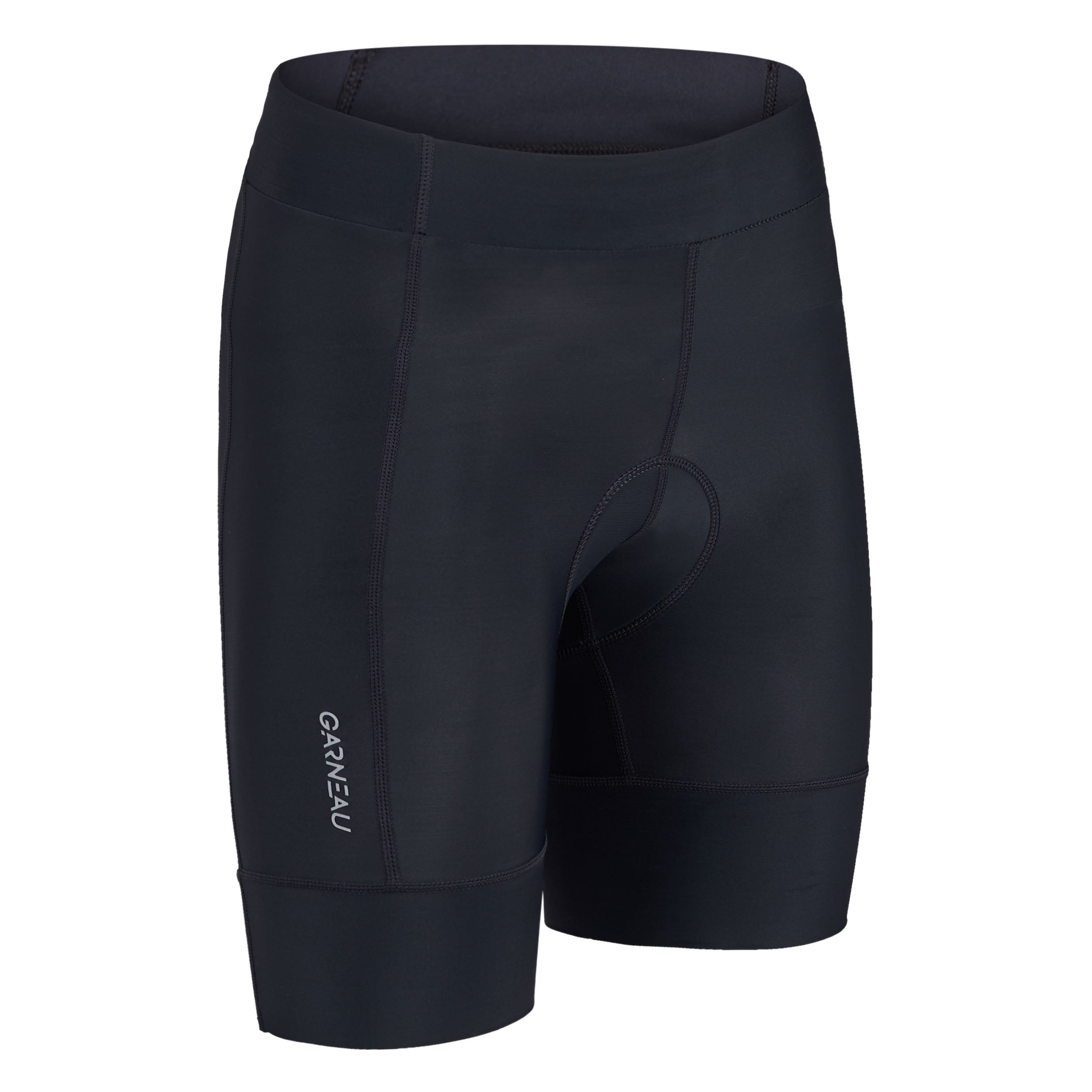 Black cycling shorts with a visible brand logo on a white background