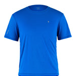 A blue crew neck t-shirt with short sleeves, displayed against a white background.