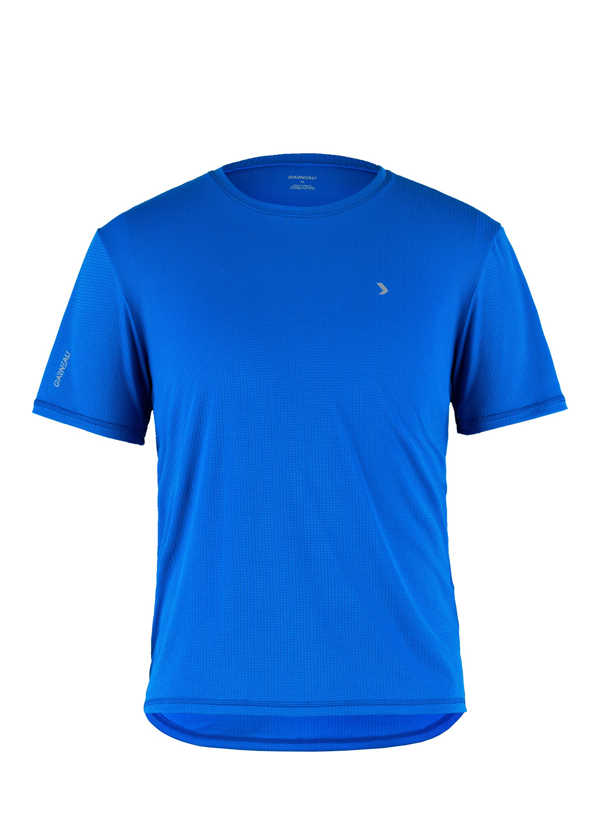 A blue crew neck t-shirt with short sleeves, displayed against a white background.