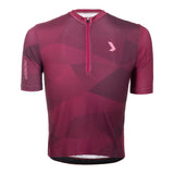 A red and purple geometric patterned cycling jersey with a half front zipper and short sleeves.