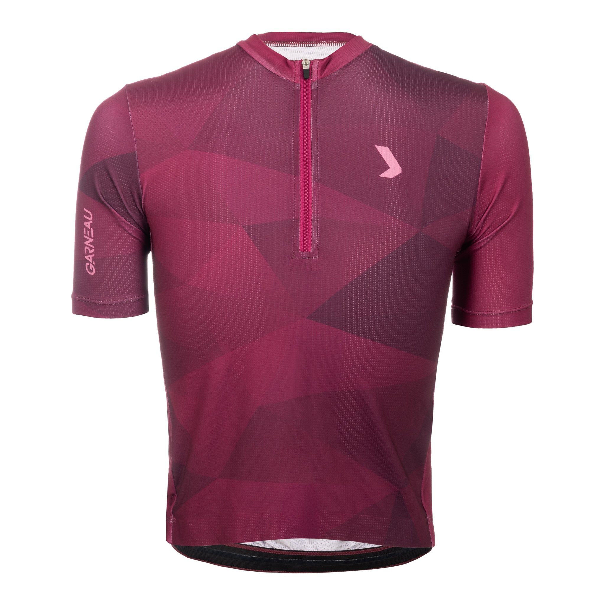 A red and purple geometric patterned cycling jersey with a half front zipper and short sleeves.