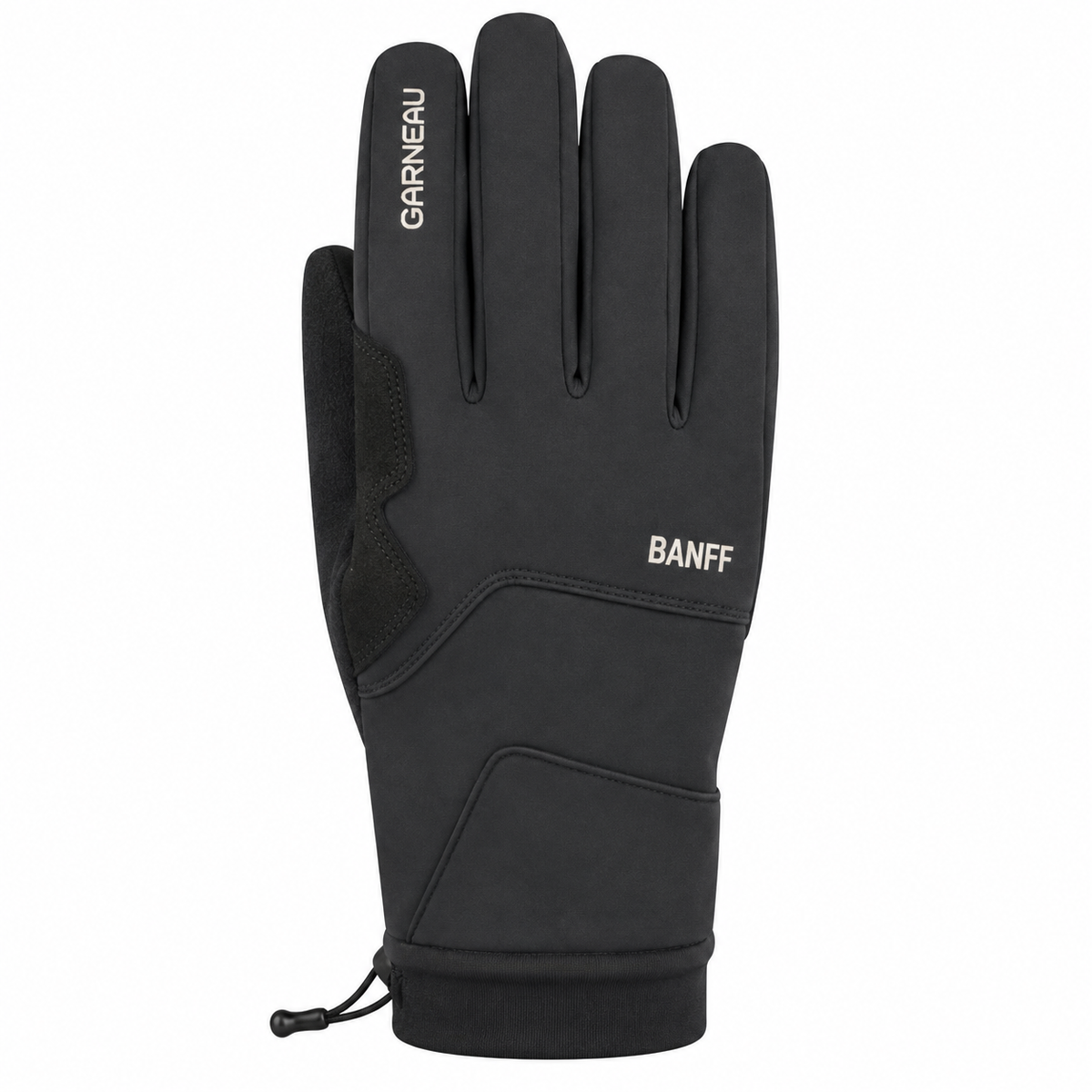 A single black outdoor glove shown from the back, featuring white text branding 'BANFF' and 'GARNEAU' on the back of the hand, with a drawstring at the wrist, set against a plain white background.