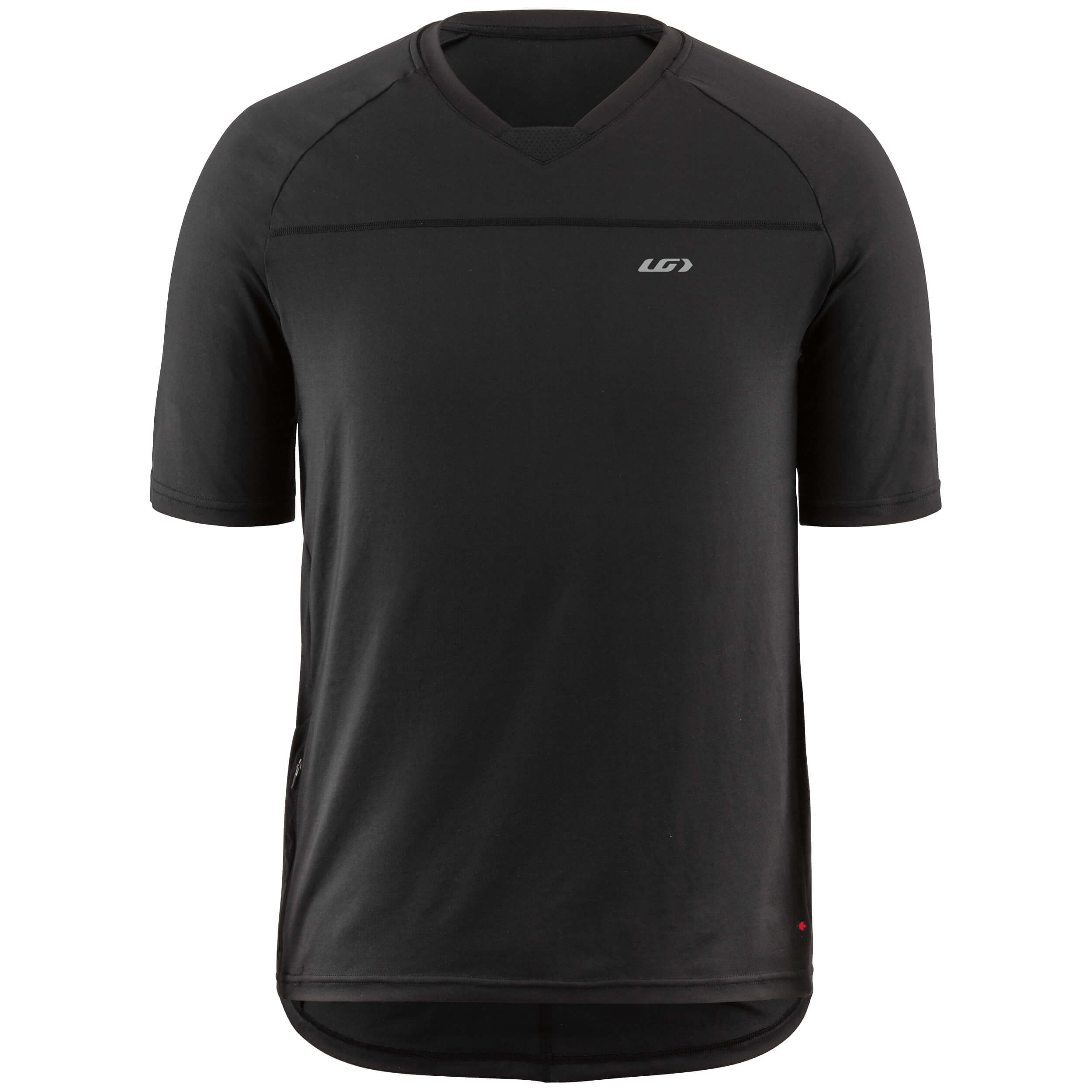 A black short-sleeved cycling jersey with a small logo on the chest and a longer back.