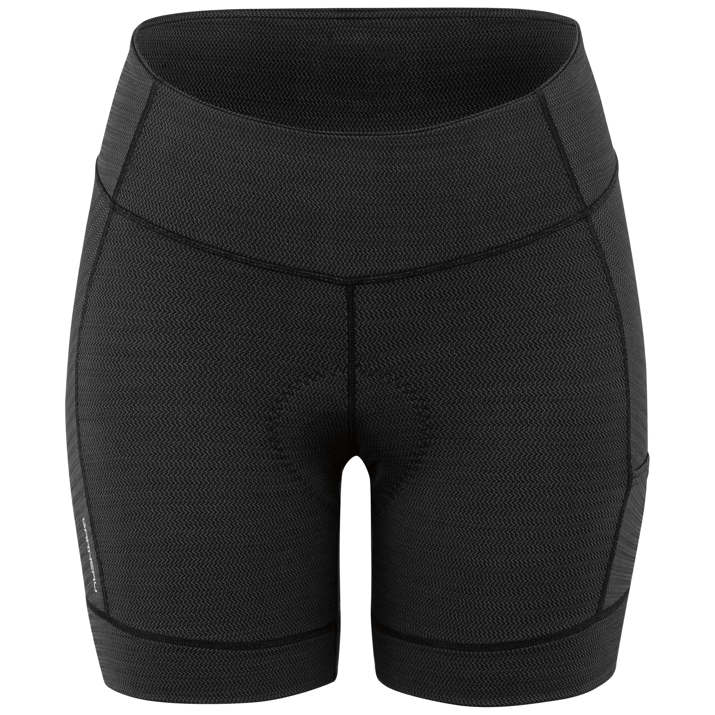 A pair of women's shorts with a textured black fabric, featuring a high waist and a snug fit.