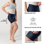 Woman wearing navy shorts with text highlighting features like 'Flattering HugFit waist', 'UPF/SPF protection', and '1 side pocket at thigh'.