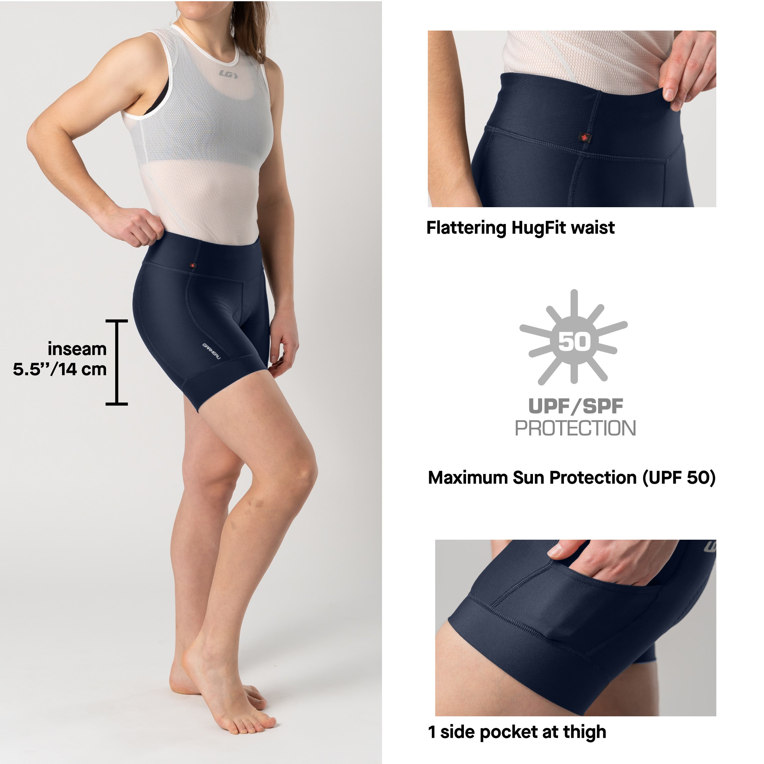 Woman wearing navy shorts with text highlighting features like 'Flattering HugFit waist', 'UPF/SPF protection', and '1 side pocket at thigh'.