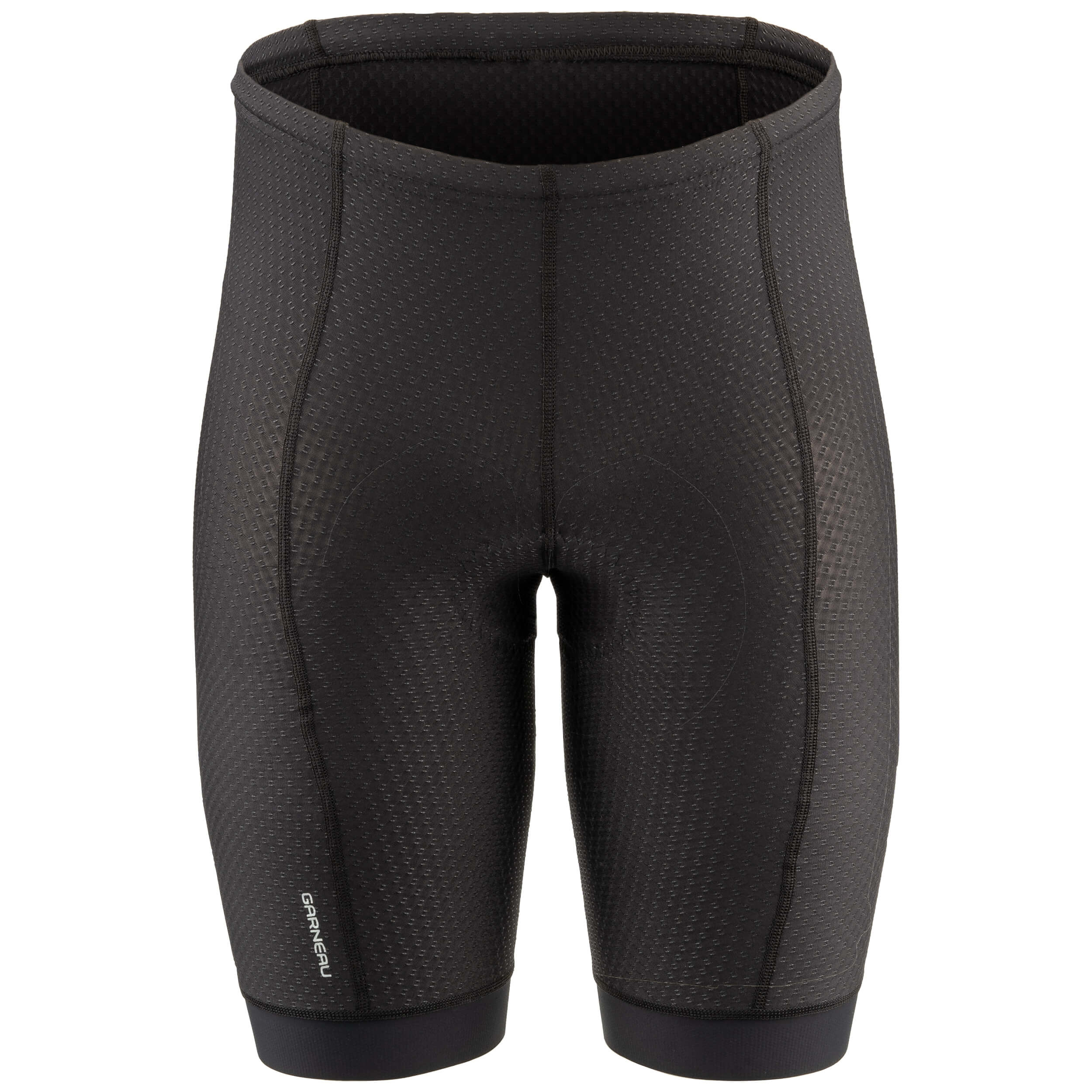 A pair of black cycling shorts for women, featuring a textured pattern, seamless construction, and reflective logos.