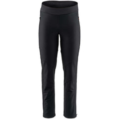 A pair of black softshell pants designed for outdoor activities, featuring a high waist, reflective accents, and ankle zippers.