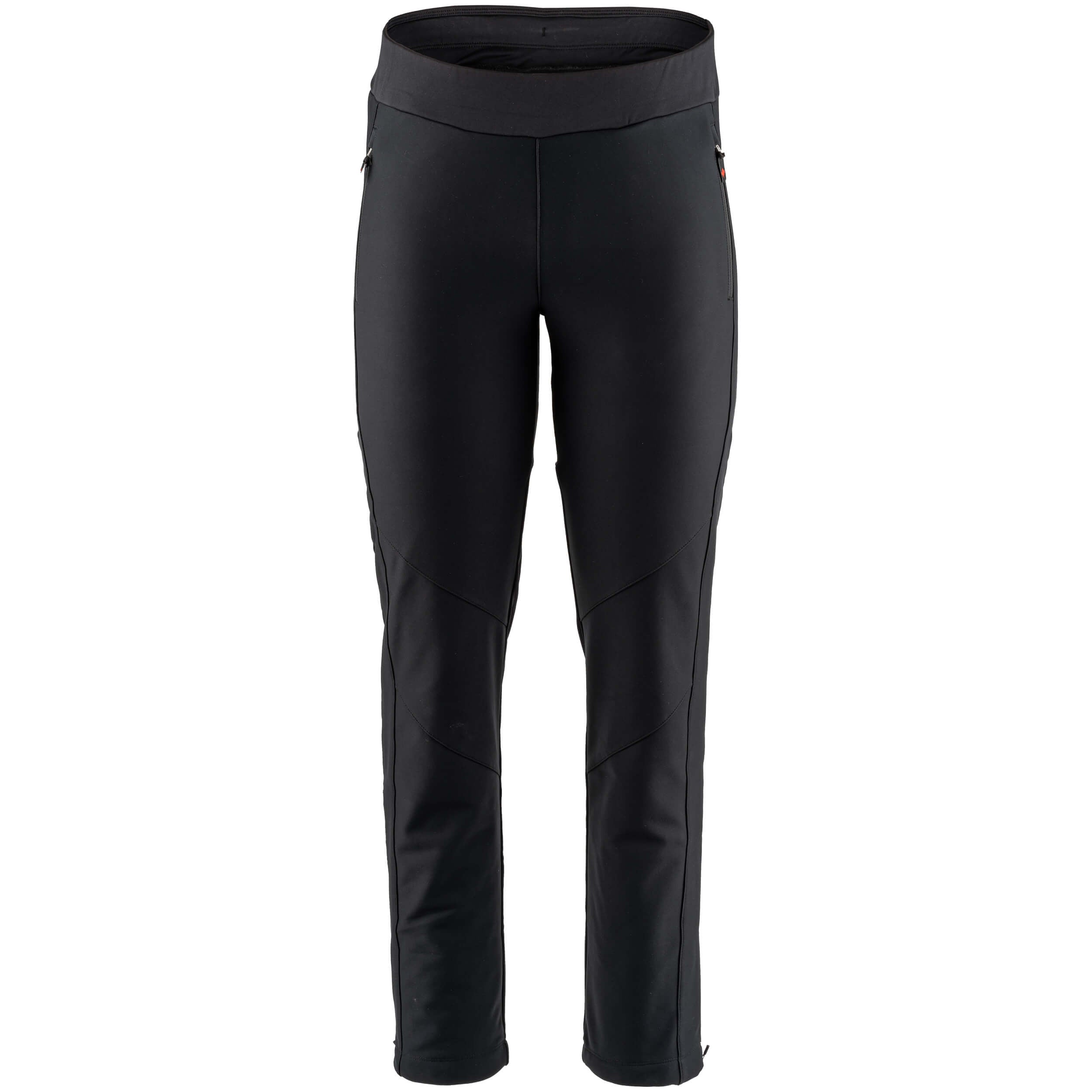 A pair of black softshell pants designed for outdoor activities, featuring a high waist, reflective accents, and ankle zippers.
