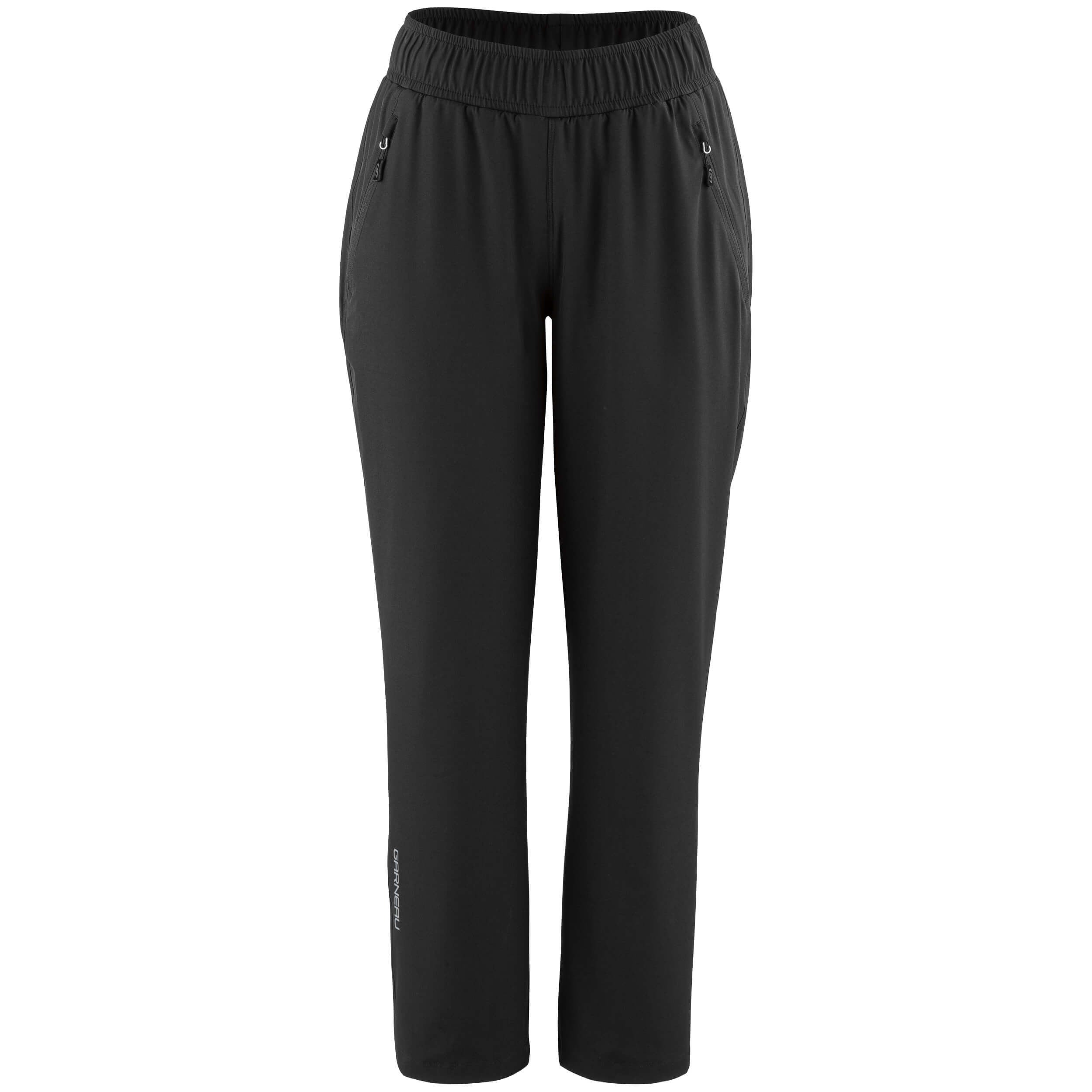A pair of black Garneau Women's Lennox Pants with an elastic waistband and drawstring, designed for winter activities.