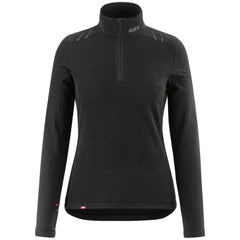A black long-sleeved women's base layer top with a quarter zip neckline and thumbholes, designed for outdoor activities.