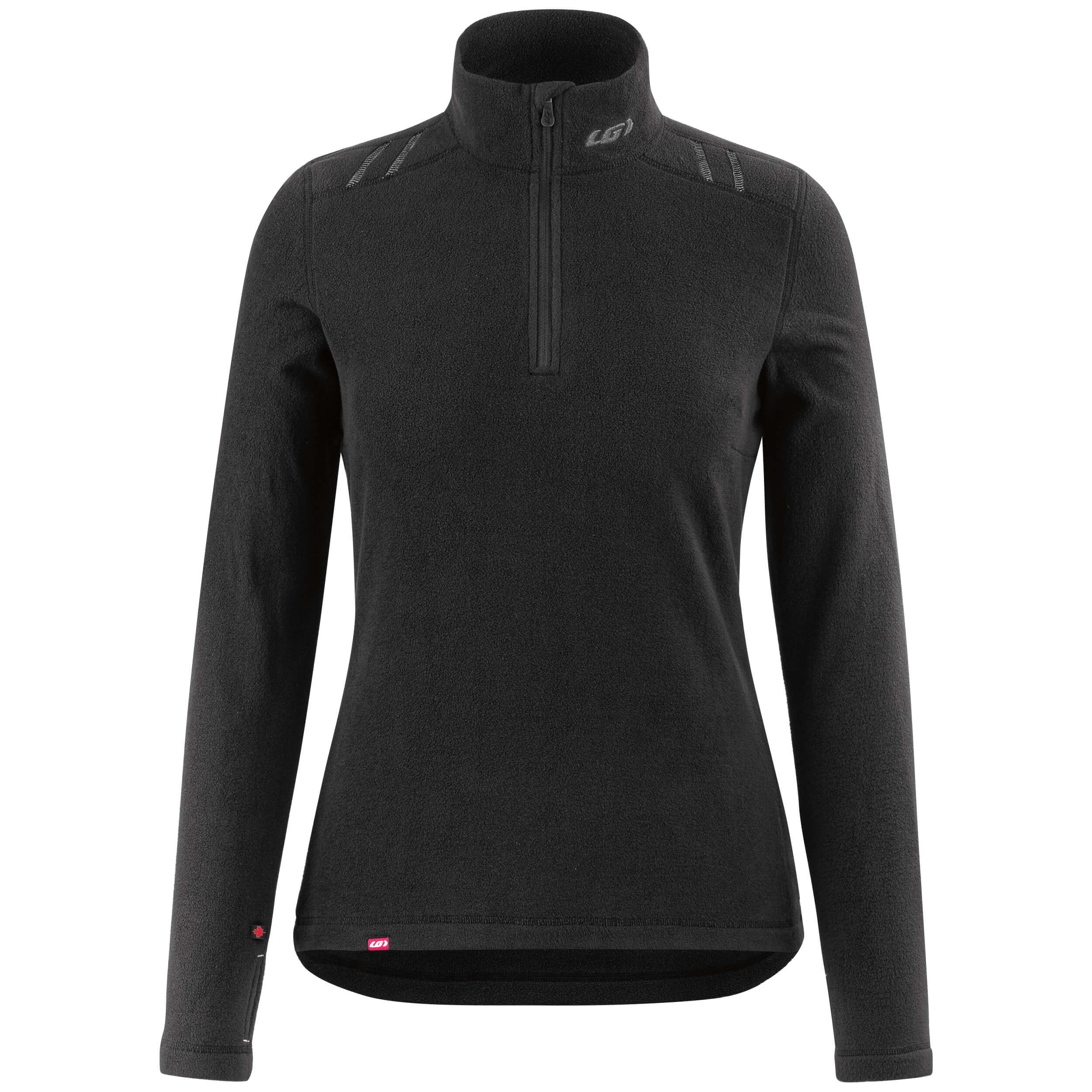 A black long-sleeved women's base layer top with a quarter zip neckline and thumbholes, designed for outdoor activities.