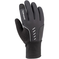 A black women's glove featuring reflective elements and a branded cuff.