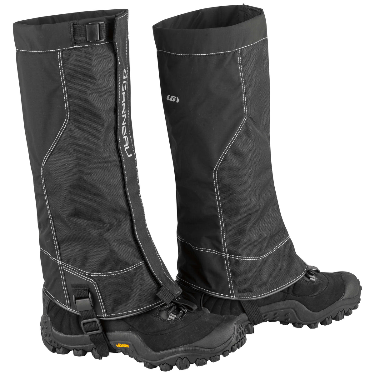 A pair of black Robson MT3 gaiters fitted over boots, designed for outdoor use with adjustable straps and flexible piping along the bottom.